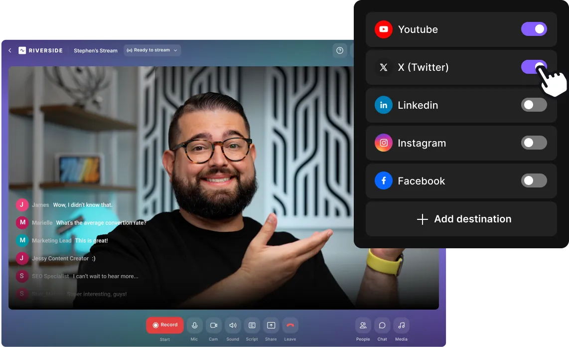 A smiling man with glasses gestures during an online stream interface showing chat messages and toggles for social media destinations including Youtube and X (Twitter).